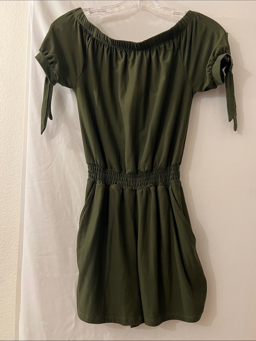 Derek Heart Olive Green Off-Shoulder Short Romper Dress